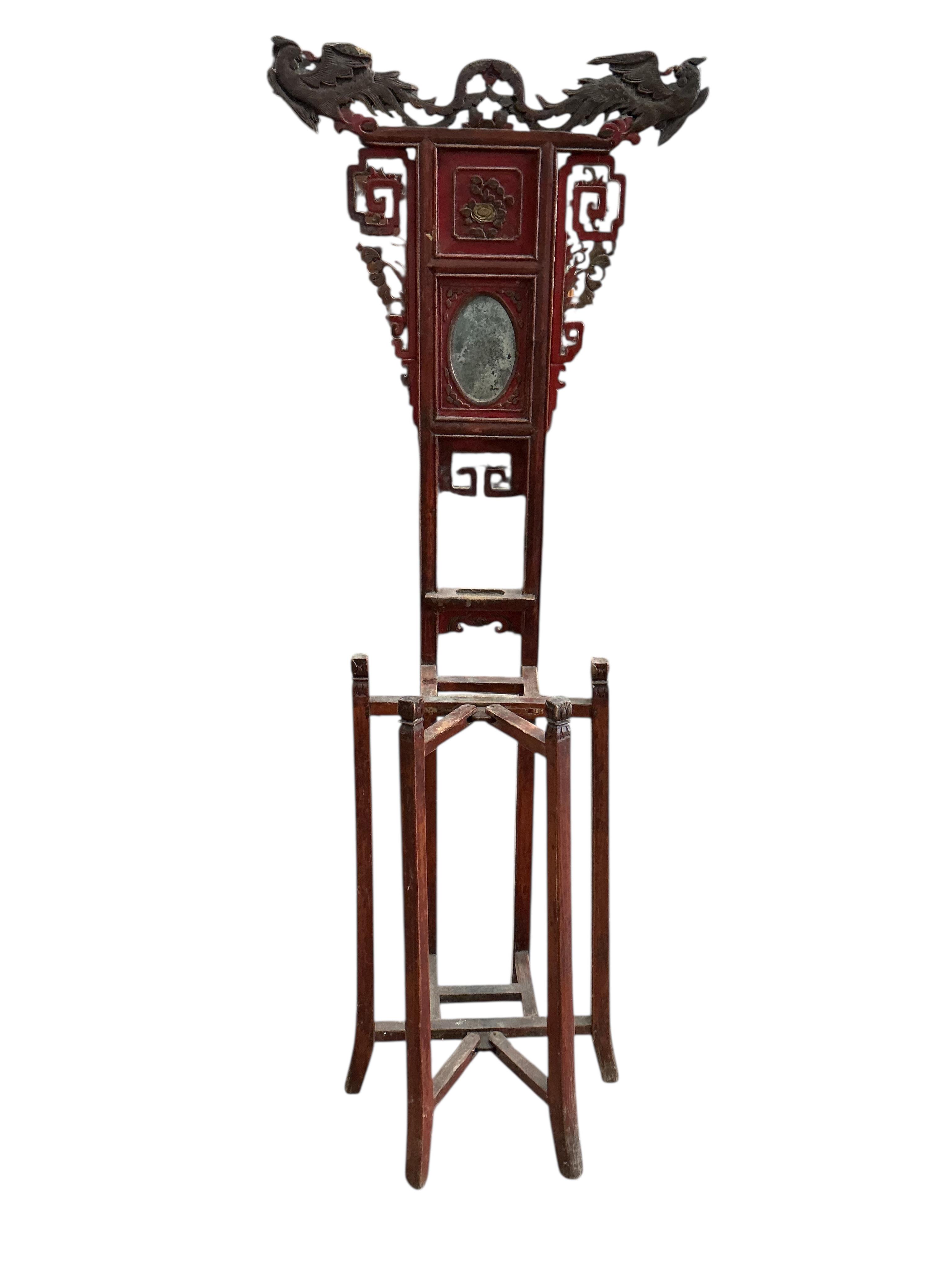A Chinese red lacquer wash stand, width 58cm, height 154cm